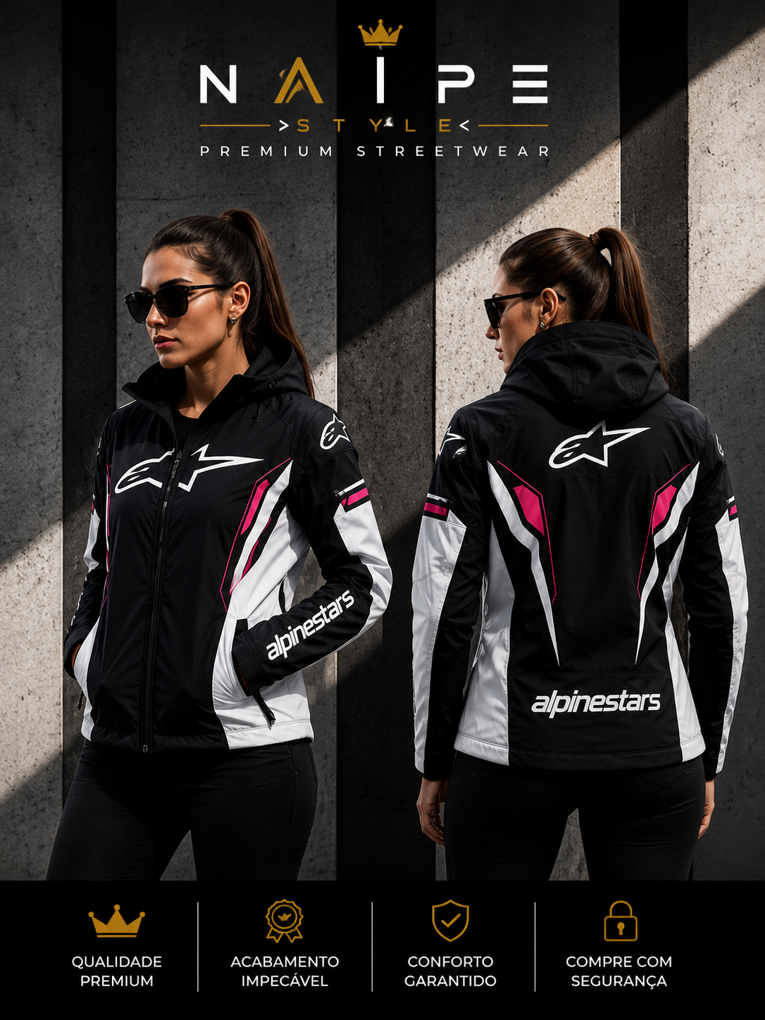 Jaqueta Alpinestars Preto Rosa com Capuz Forrada Peluciada