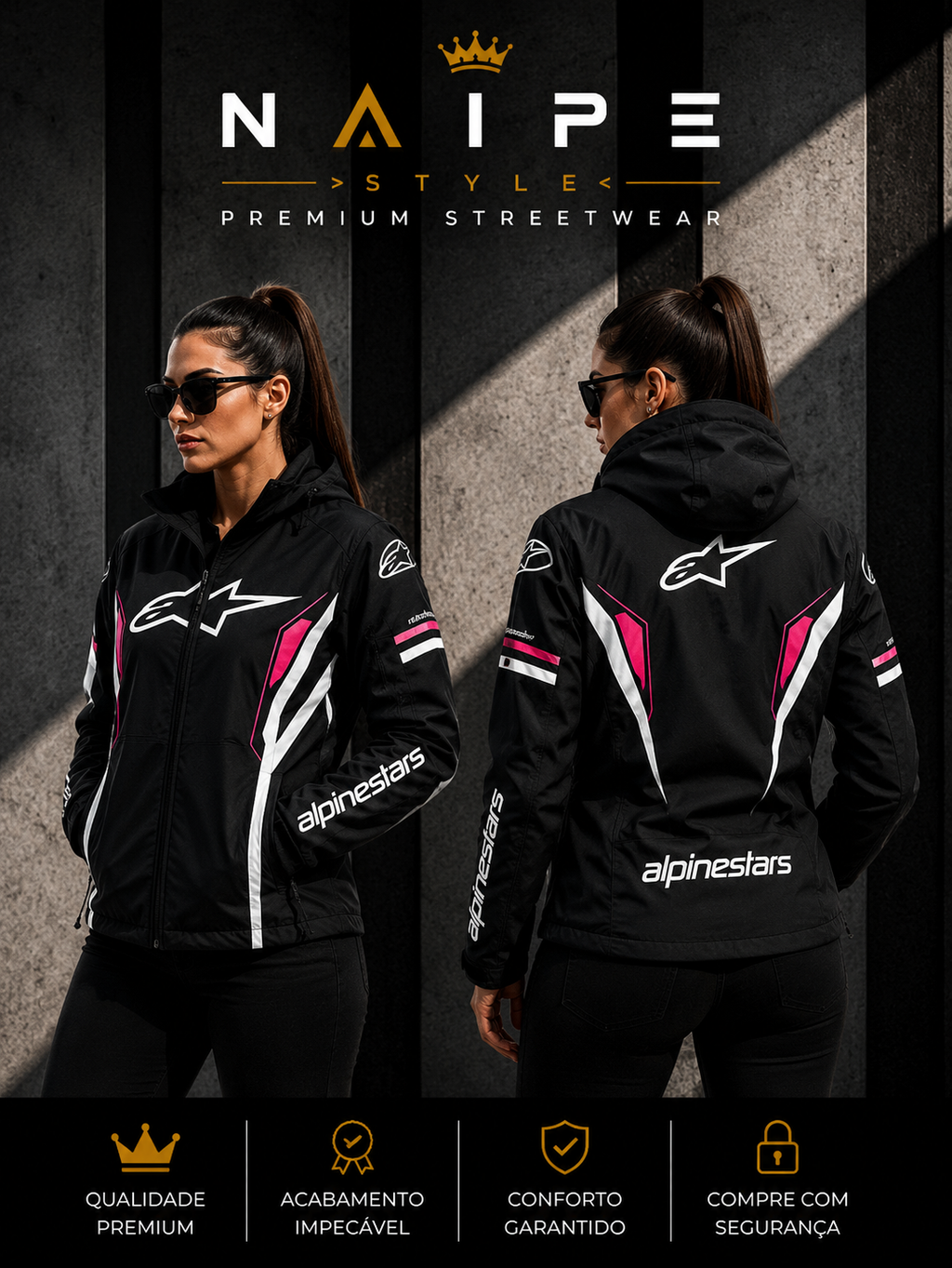 Jaqueta Alpinestars Preto Rosa com Capuz Forrada Peluciada