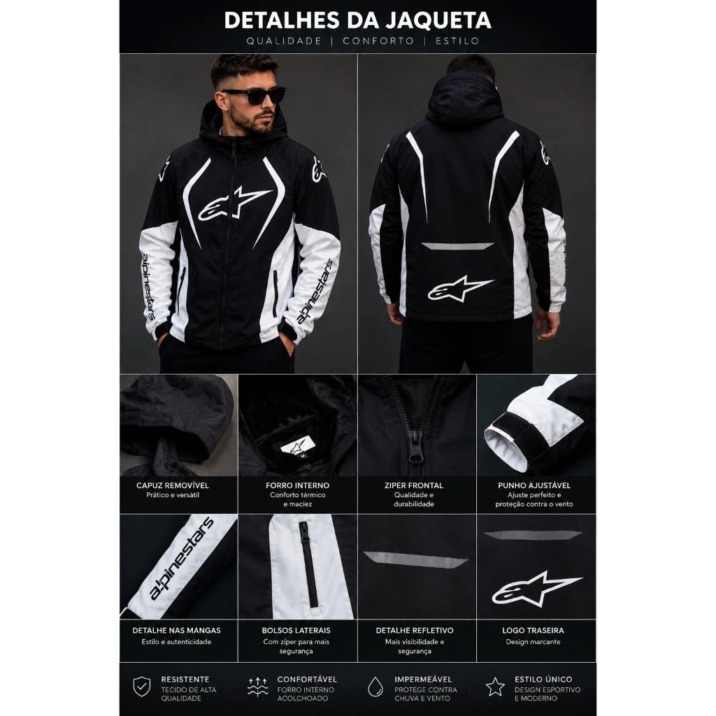 Jaqueta Alpinestars Preto e Branco com Capuz Forrada Peluciada