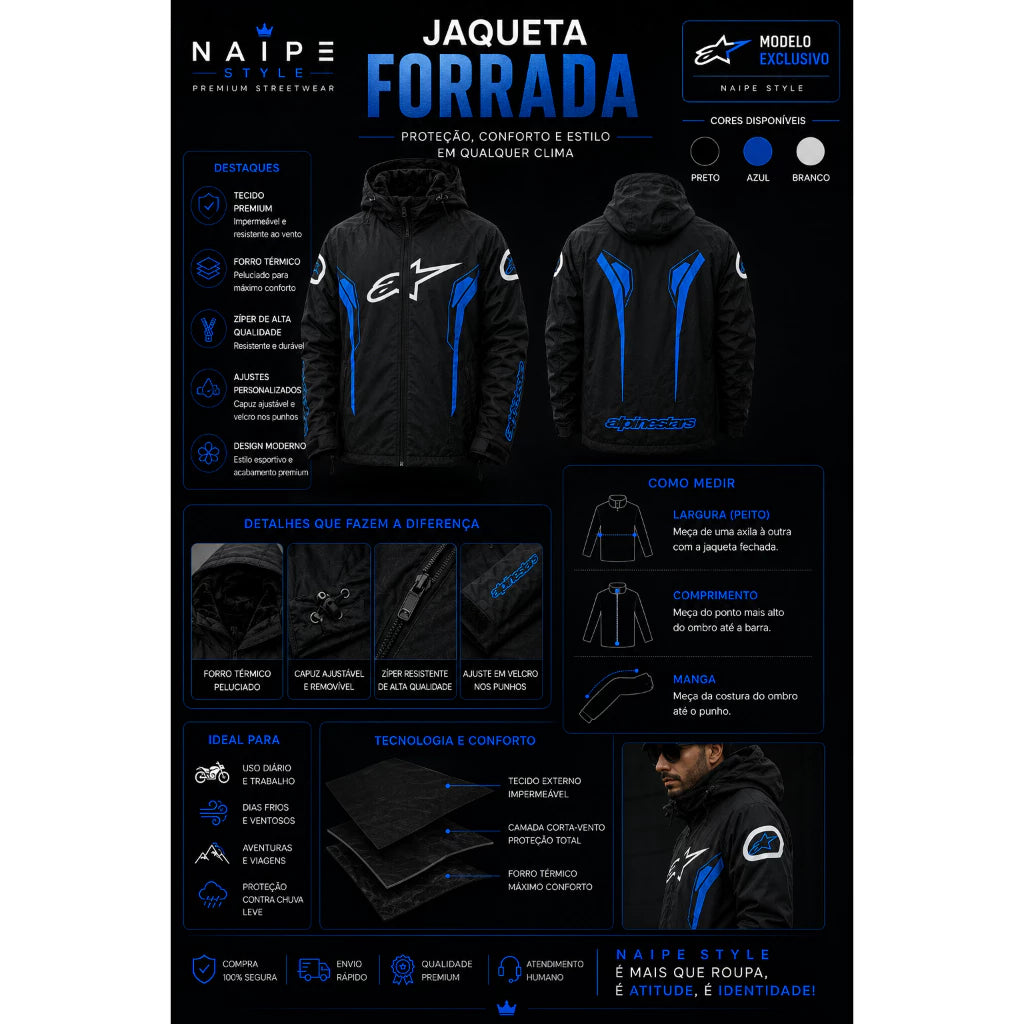 Jaqueta Alpinestars Preto e Azul com Capuz Forrada Peluciada