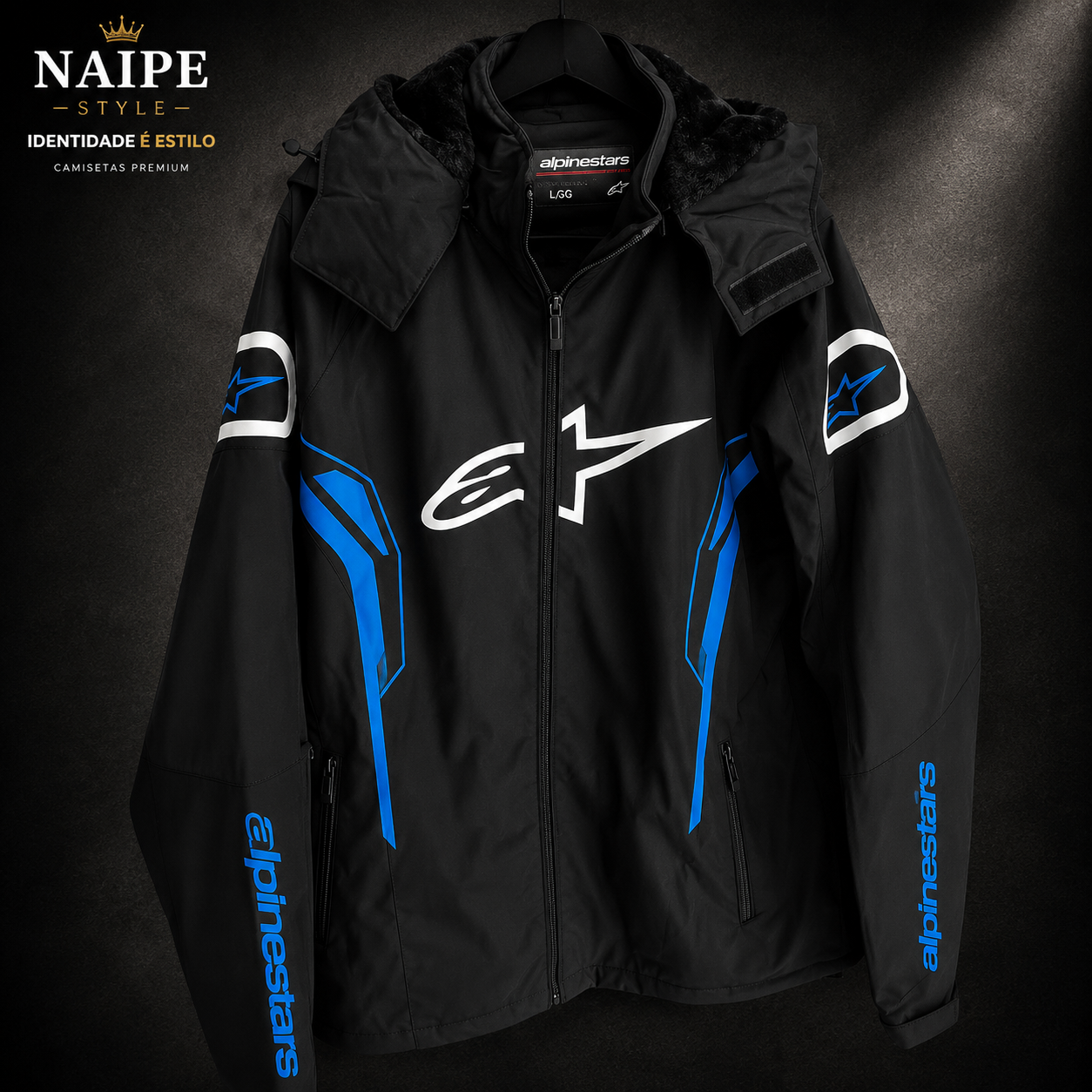 Jaqueta Alpinestars Preto e Azul com Capuz Forrada Peluciada